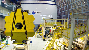 Webb on test stand in clean room, full view of clean room